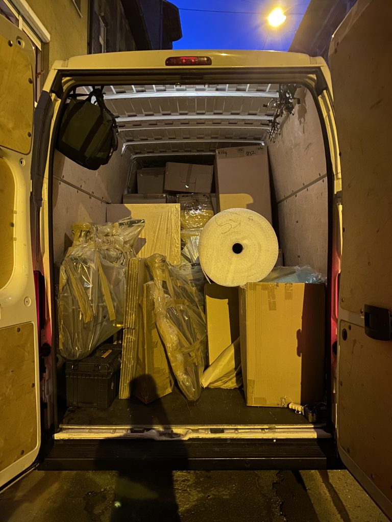 Moving boxes and packed belongings